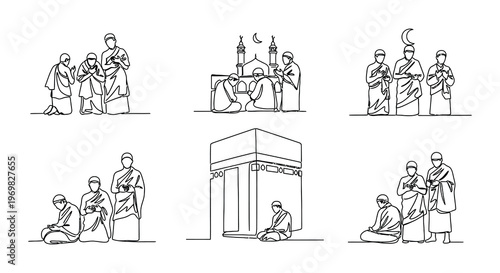 Line art depiction of the kaaba and pilgrims during hajj rituals