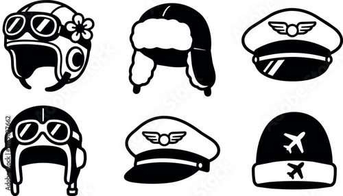 Black and white pilot and aviator helmets and caps vector art line art set