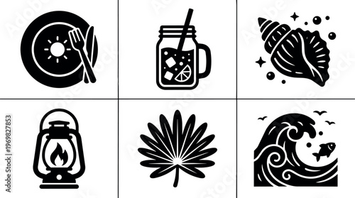Black and white summer icons set with food drink nature and beach elements