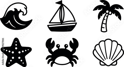 Black and white sea wave sailboat palm tree starfish crab shell icons vector art