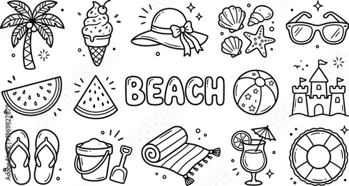 Black and white line drawing of various beach icons and objects