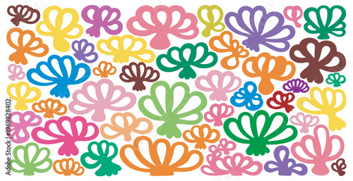 Abstract colorful seashell shapes pattern in vibrant pastel palette on white backdrop.