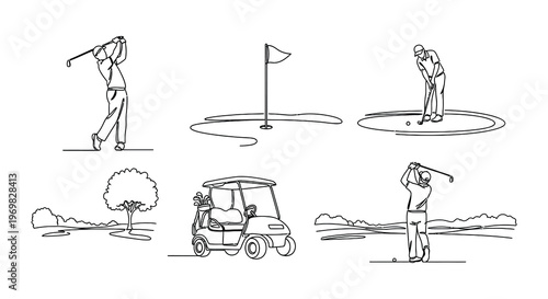 Line drawing depicting golfers a golf cart and elements of a course