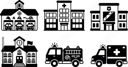 Black and white emergency and public service building icons with vehicles vector art