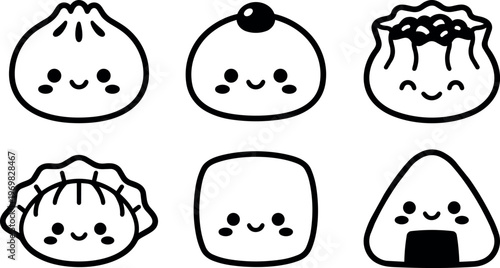 Black and white kawaii dumplings steamed bao meat bun and onigiri vector art