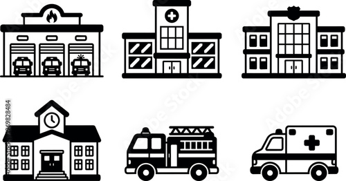 Fire station hospital police school fire truck and ambulance icons