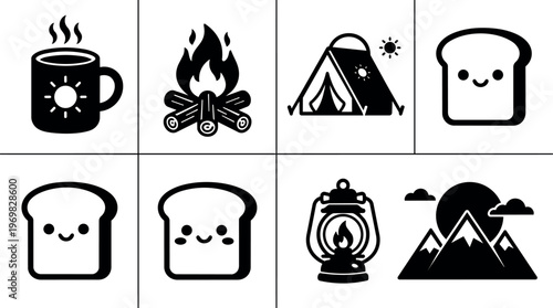 Black and white camping icons with fire lantern mountains and smiling bread toast