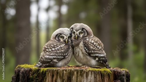 Boreal owl chicks cuddling on tree stump, Alberta Canada wildlife photography