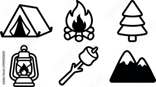 Black and white camping icons with tent fire tree lantern marshmallow mountains