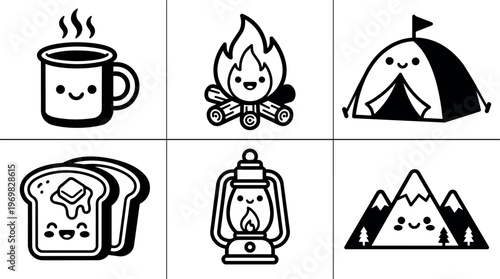 Cute black and white camping icons with happy faces including campfire tent and mountains