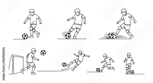 Line art illustration depicting a soccer player in various action poses