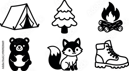 Black and white camping icons including tent pine tree campfire bear fox and boot