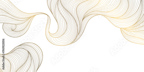 Luxury abstract gold wave line pattern on white background, elegant curves, flowing shapes. Premium vector design, Japanese ornament, cosmetic packaging, posters, wallpapers, covers.
