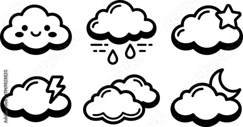 Cute black and white smiling cloud and weather icons with raindrops star lightning moon