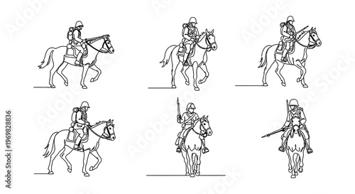 Line art depiction of mounted soldiers and cavalry in various poses