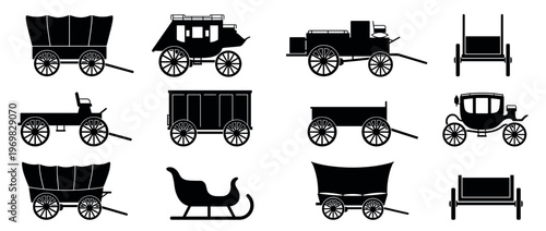 Silhouettes of various vintage horse-drawn transportation vehicles, including covered wagons, stagecoaches, and elegant carriages.