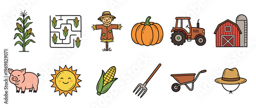 Cartoon farm and agriculture icons set featuring corn, scarecrow, pumpkin, tractor, barn, pig, and various farming tools.