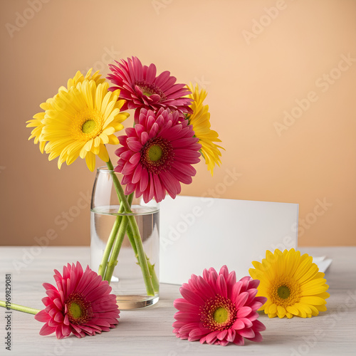Gerbera daisies in a vase with a blank card on a table.
