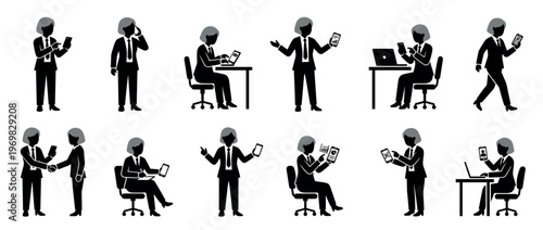 Businesswomen using mobile devices and laptops for various professional tasks, including communication, data analysis, and collaboration.