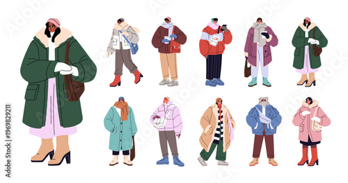 Set of people in outerwear. Frozen men and women are wearing winter clothes in cold weather. Characters are in coat, scarf, mittens from frost. Flat isolated vector illustrations on white background