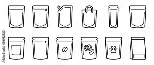Collection of various flexible packaging icons including stand-up pouches, spouted bags, and snack bags for product design.