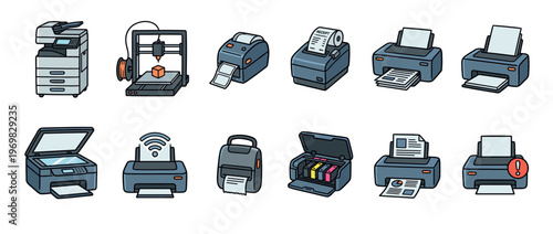 Various printers and office equipment icons set in a doodle style, illustrating different types of printing devices.