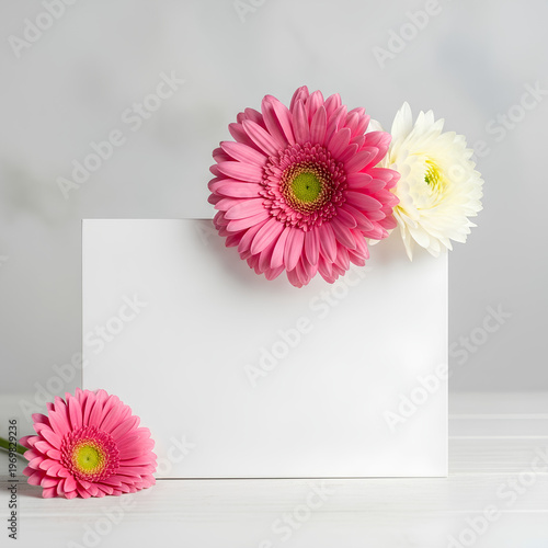 Gerbera daisies with blank card perfect for message.