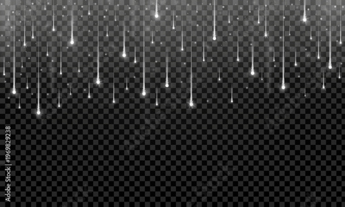 Realistic white starfall isolated on transparent background. Stars, glitter, sparkles fireworks falling down. Festive celebration element. Vector illustration