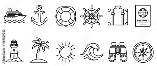Collection of outline travel, sea, and vacation icons including cruise ship, anchor, lifebuoy, ship's wheel, suitcase, passport, lighthouse, palm tree, sun, wave, binoculars, and compass.