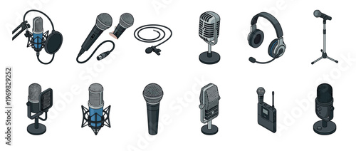 Microphones and audio recording equipment set featuring various professional and personal sound devices for broadcasting and podcasting.