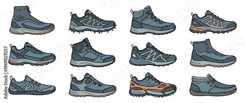 Collection of various outdoor footwear designs including hiking boots, trail running shoes, and winter sneakers, illustrated in a modern style.