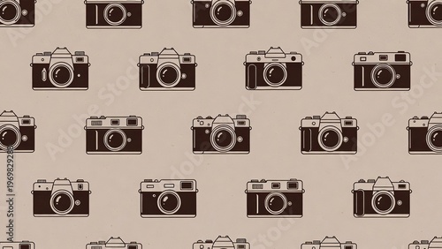 Seamless pattern of vintage film cameras on a textured beige background