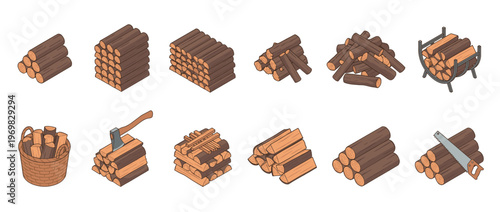 Firewood logs woodpile axe saw basket rack collection set for various uses including camping, heating, and construction.