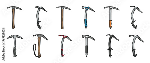 Ice axes collection featuring various designs and styles of mountaineering equipment for climbing and outdoor adventures.