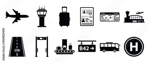 Airport travel and aviation icons set featuring essential elements for air transportation, including planes, luggage, passports, and terminal facilities.