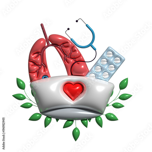 World Asthma Day medical illustration with lungs stethoscope and pills on transparent background