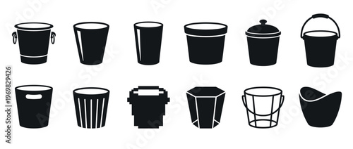 Various black silhouette icons of buckets, cups, and containers, including ice buckets, tumblers, and storage pots.