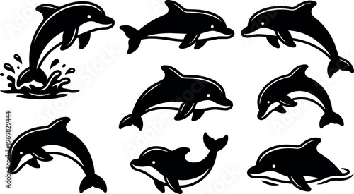 Black and white dolphin vector art with jumping and swimming poses