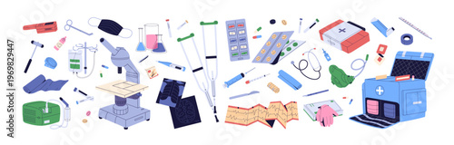 Medical tools set. First aid kit items: pills, bandages, mask. Supplies for ambulance and hospital: different remedies, surgical instruments, thermometer. Flat isolated vector illustrations on white
