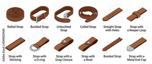 Collection of various brown leather straps showcasing different designs, fastenings, and finishes for fashion and utility applications.
