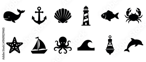 Sea marine nautical ocean icons and symbols set featuring various aquatic animals, vessels, and coastal elements in a simple flat design style.