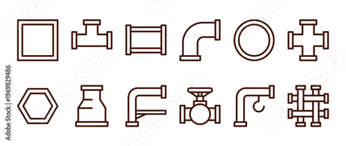 Collection of various pipe fittings icons, including elbows, T-joints, valves, and connectors, representing plumbing and industrial design elements.