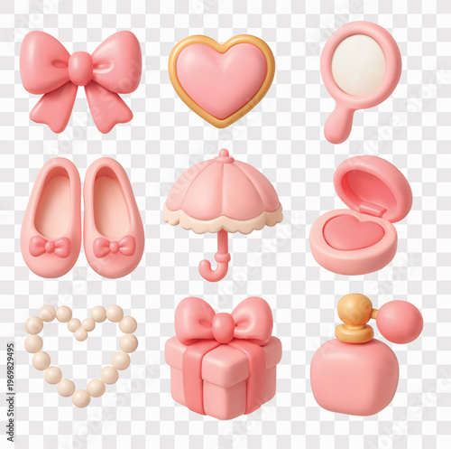 Coquette Soft Girl Aesthetic Vector Icon Set | 3D icon set | ribbon bow,heart locket,hand mirror, ballet flat shoes,umbrella,heart shaped compact powder,pearl heart necklace,gift ,perfume bottle