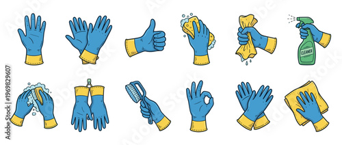 Illustrations of blue cleaning gloves and hands holding various cleaning supplies for household hygiene.