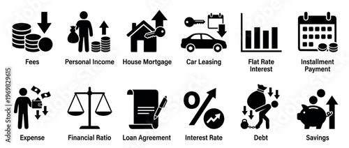 Collection of financial icons illustrating various money management concepts such as fees, income, mortgage, leasing, interest, debt, and savings.