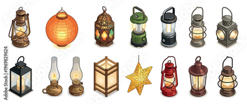 Collection of various isometric lanterns and lamps, including vintage oil lamps, modern camping lights, and decorative paper lanterns.