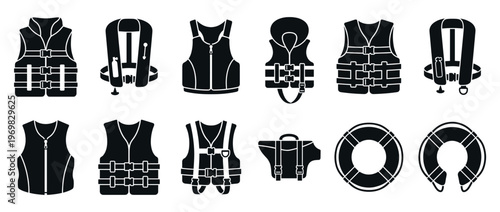 Life jackets, life vests, lifebuoys, and personal flotation devices icon set for water safety and rescue equipment in various designs.
