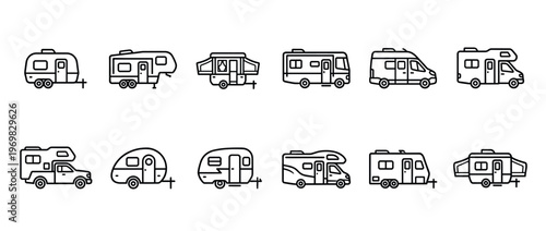 Recreational vehicle icons collection featuring various types of campers, motorhomes, and travel trailers for outdoor adventure and travel.