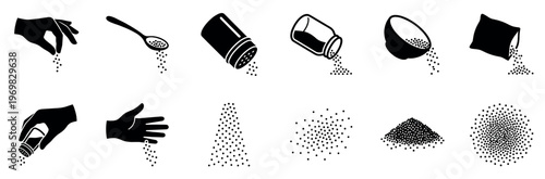 Granules dispensing icons set illustrating various methods of pouring salt, pepper, or other granular spices from containers.