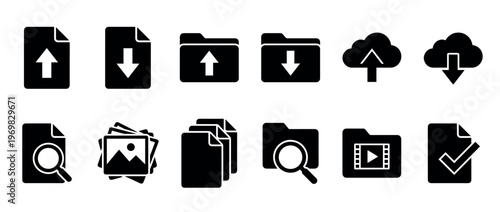 Digital data storage icons and symbols representing various file management actions and cloud computing concepts for web and app interfaces